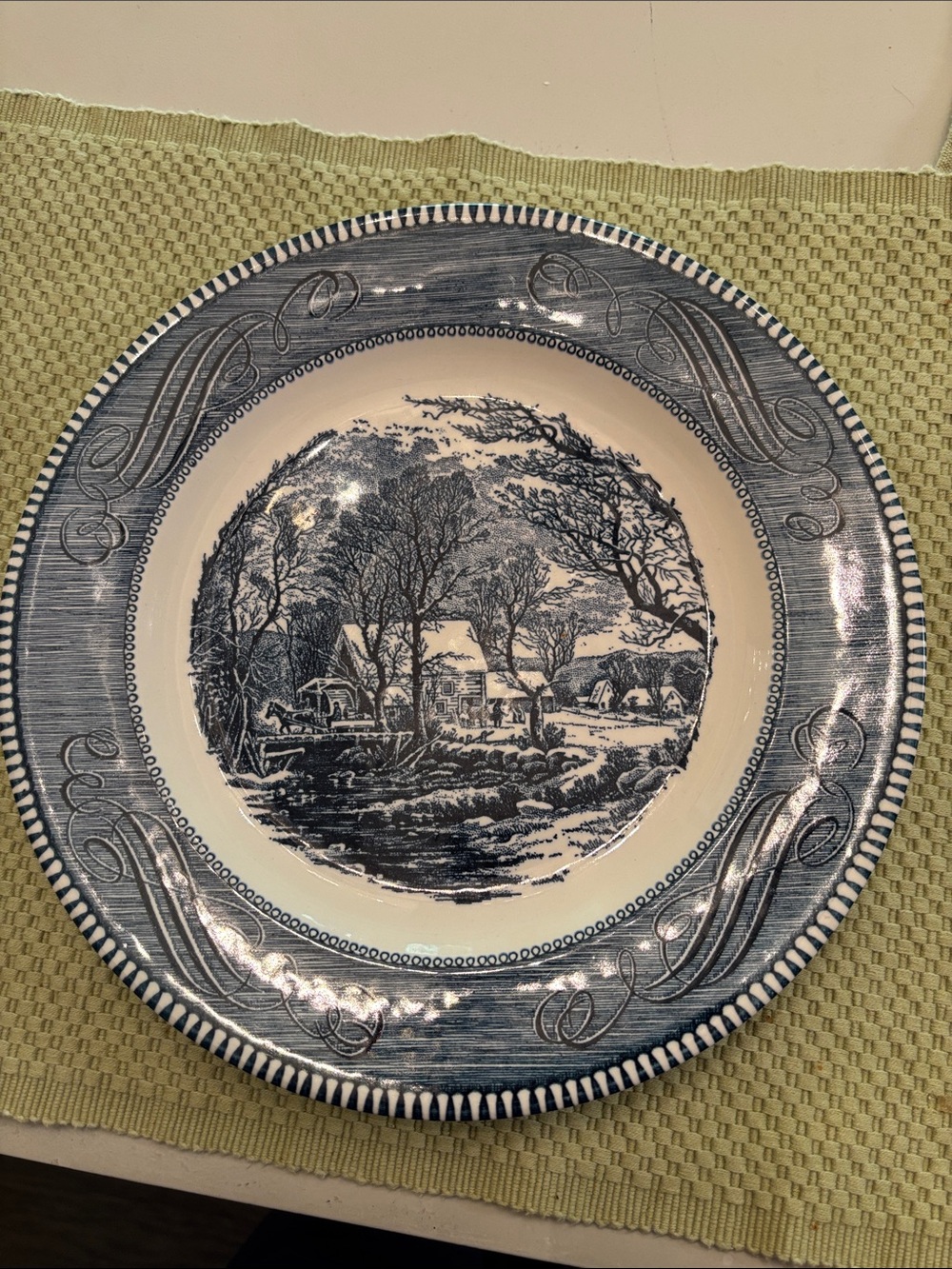 Blue Scenic Stoneware Dinner Plate with Cottage Illustration